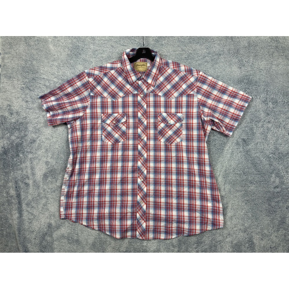 Wrangler Mens 2XL Red Blue Plaid Western Short Sleeve Pearl Snap Shirt 112349817